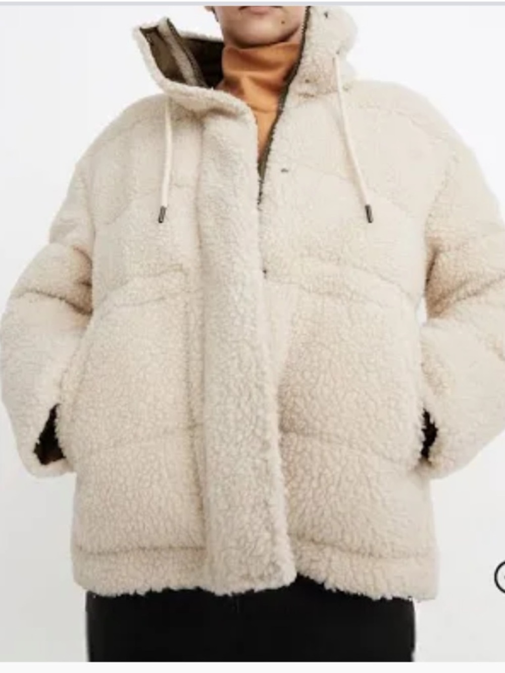 Madewell Sherpa Puffer Jacket in Cream / Off-White with Olive Green Lining S